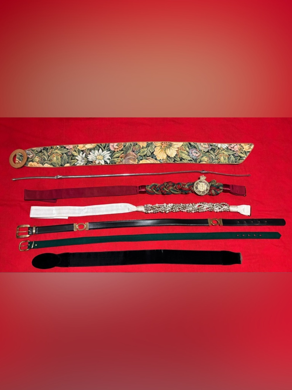 Lot of 7 Vintage Women's Belts Small Medium - Floral, Braided, Velvet, Leather